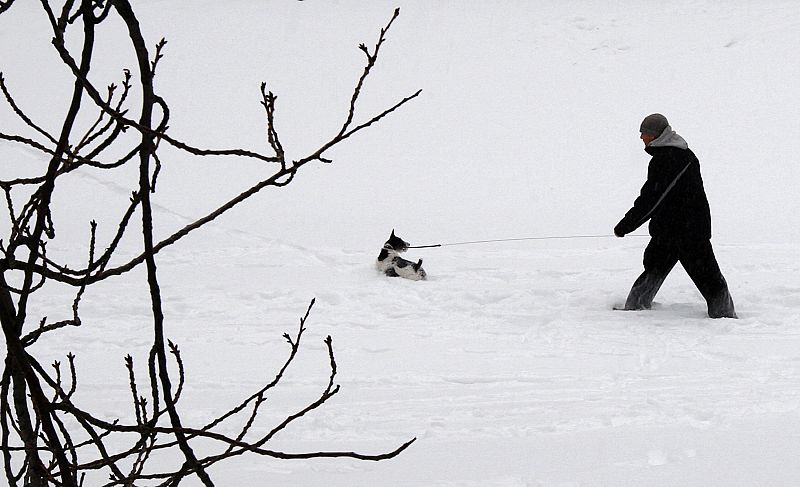 Un hombre pasea por la nieve caída en Central Park en pleno marzo