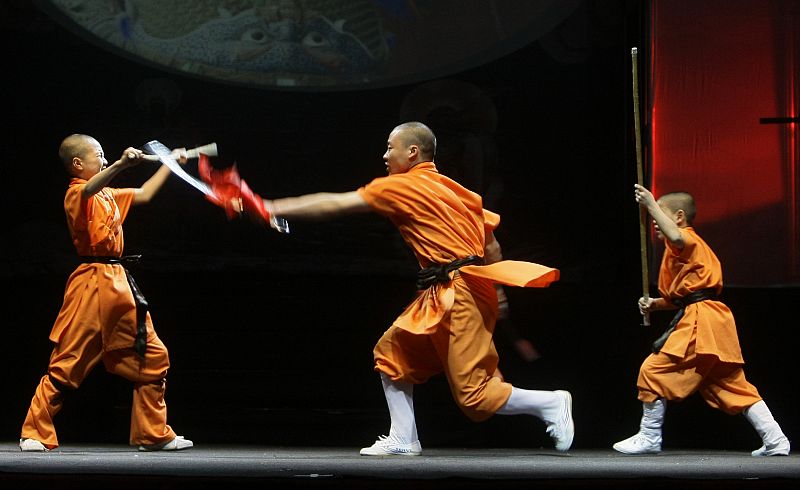 Shaolin monks perform their spectacle Shaolin Wudang during a rehearsal in Madrid