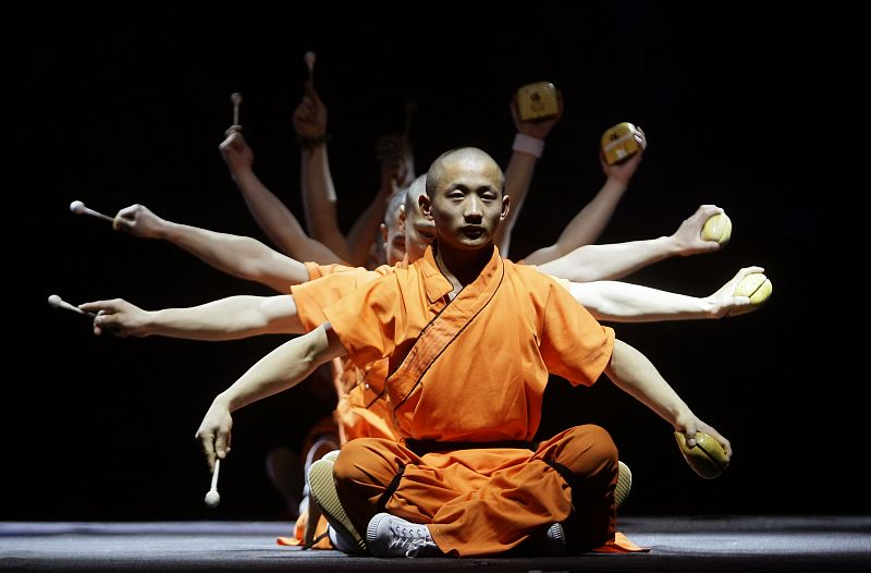 Shaolin monks perform their spectacle Shaolin Wudang during a rehearsal in Madrid