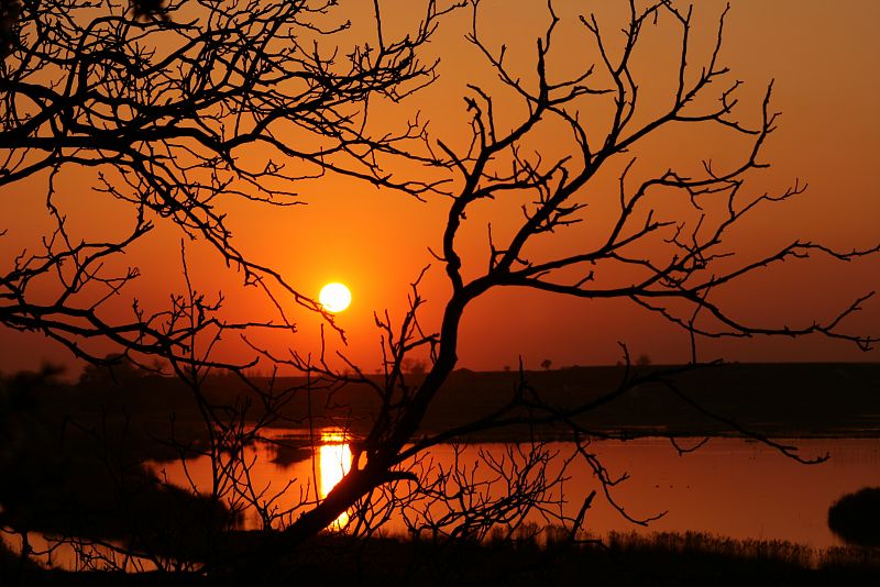 Última puesta de sol del invierno sobre las aguas del Estany d'Ivars d'Urgell, Lleida. 20/03/2009