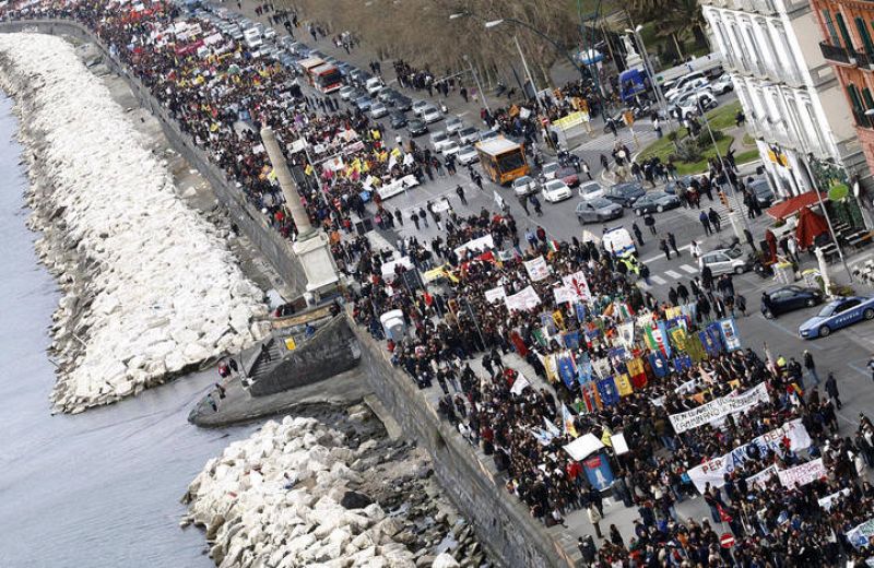 Demonstrators march during a rally against the mafia in the southern city of Naples