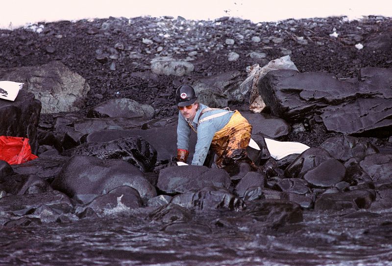 Un miembro del equipo de limpieza trata de eliminar el petróleo de las rocas en la costa de la isla del Príncipe William Sound