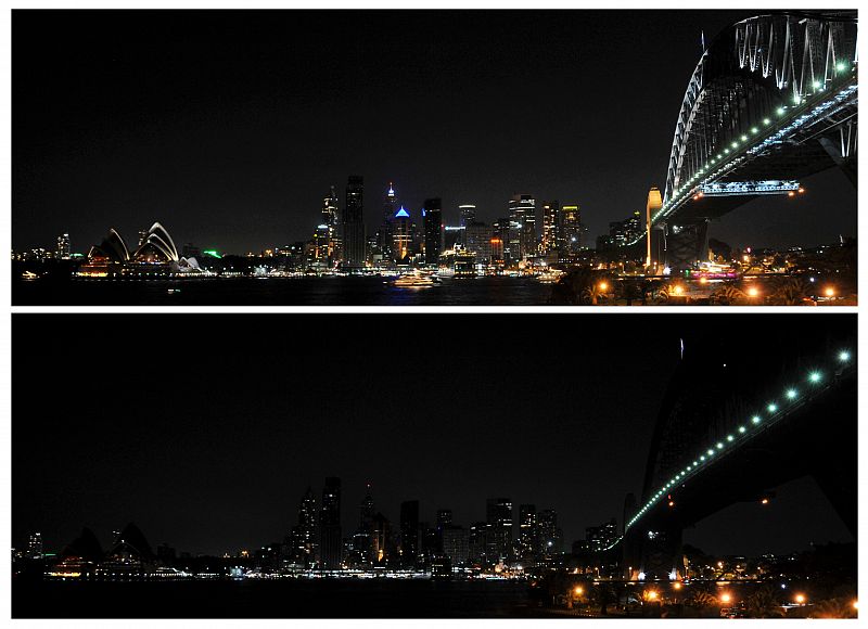 A combination picture shows the Sydney skyline before and after the lights were turned off for Earth Hour