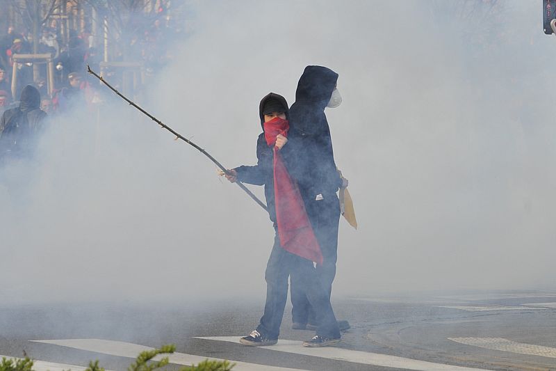 Masked anti-NATO protesters stand in a cloud of teargas after being stopped by police  from going to downtown Strasbourg