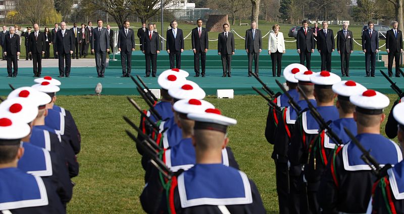 NATO heads of state and government take part in a ceremony for NATO military personnel in Strasbourg