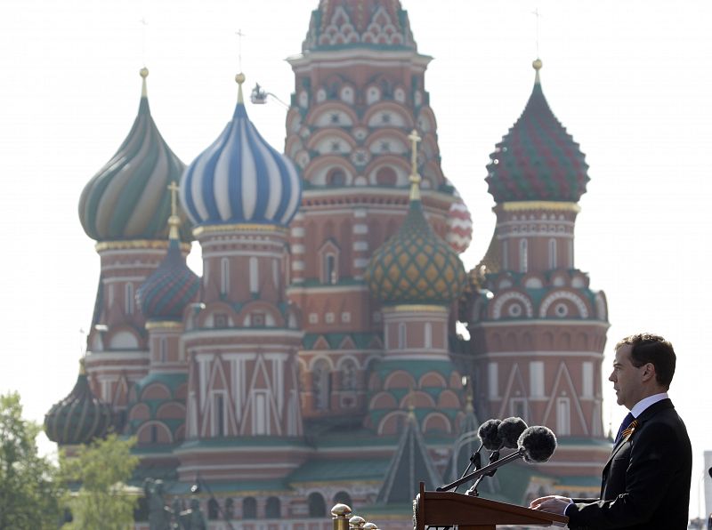 Russian President Medvedev makes a speech during Victory Day ceremony at Red Square in Moscow