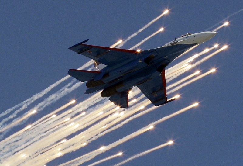 A military jet flies over Red Square in Moscow during Victory Day parade