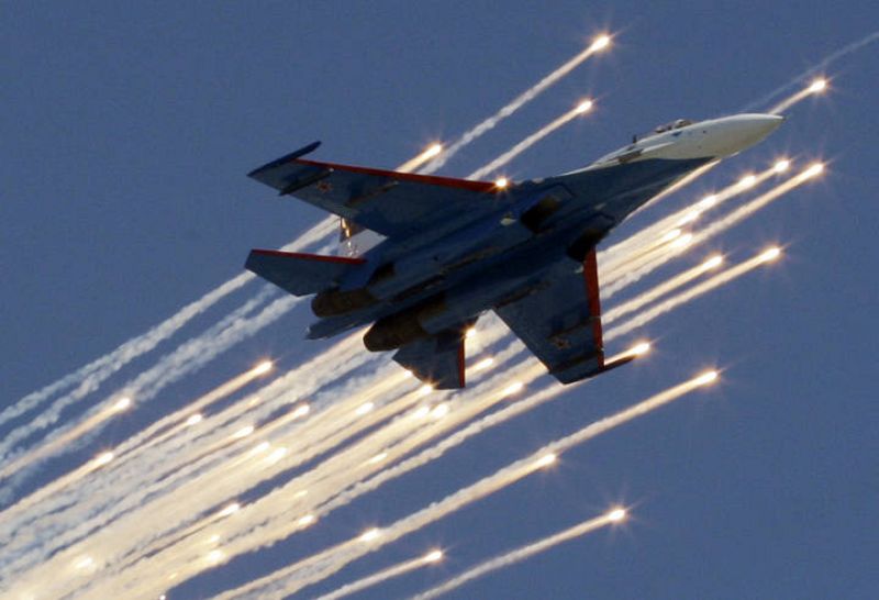 A military jet flies over Red Square in Moscow during Victory Day parade