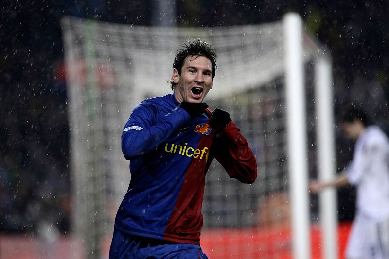 Barcelona's Lionel Messi celebrates his goal against Real Madrid during Spanish First Division soccer match in Barcelona