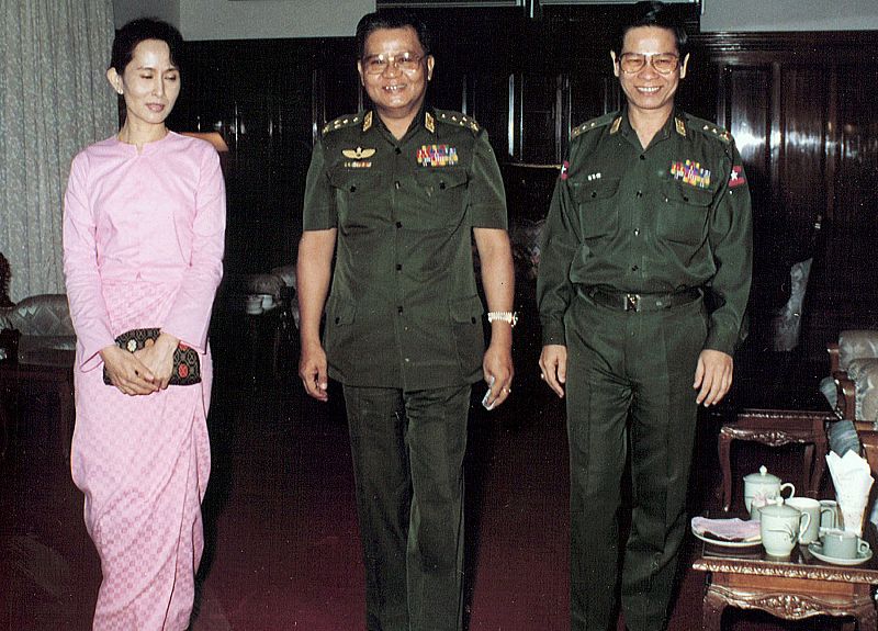 File photo of Aung San Suu Kyi, General Than Shwe and former PM Khin Nyunt in Yangon.