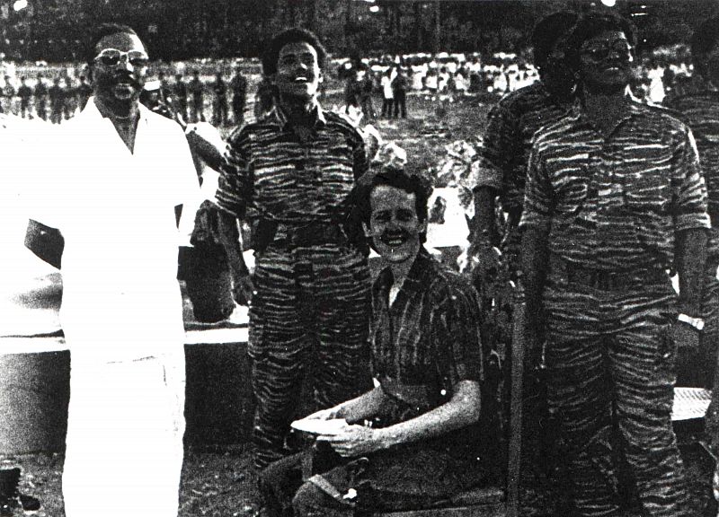 Balasingham, wife Adele and Yogarathnam at a public meeting in Jaffna