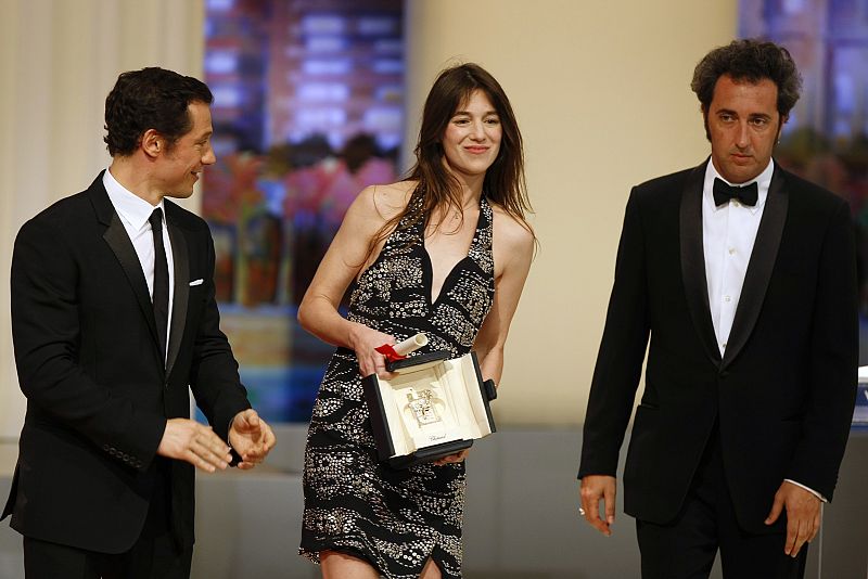 Actors Sorrentino and Accorsi congratulate actress Gainsbourg for her Best Actress award for the film "Antichrist" during the award ceremony of the 62nd Cannes Film Festival