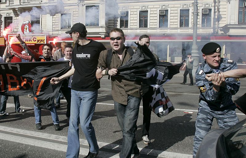 Russian riot police detains protesters of the group "Russia without Putin" during an unauthorised rally in central Moscow