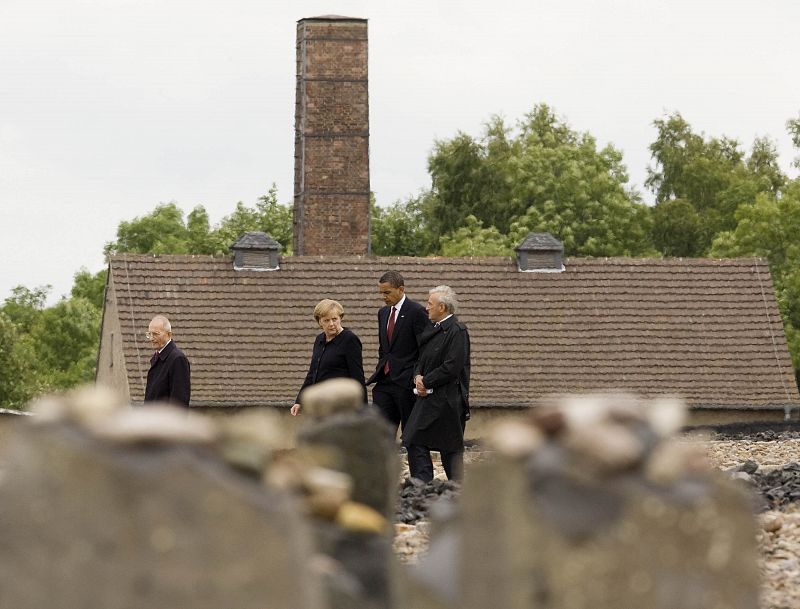 U.S. President Obama and German Chancellor Merkel tour the Buchenwald Concentration Camp in Germany