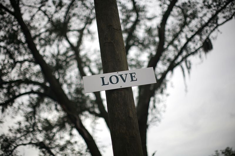 Un letrero que dice "Amor" es visto en un árbol en la tienda de la ciudad conocido como la Esperanza de Pinellas