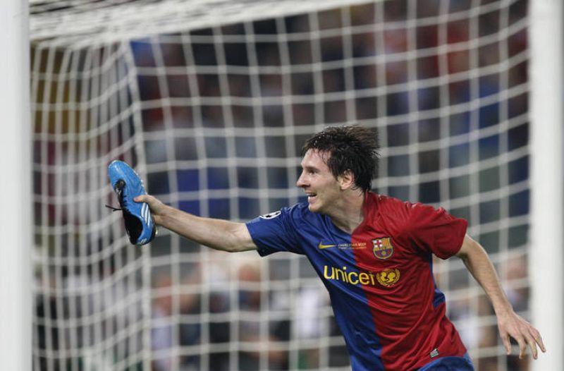 Barcelona's Messi celebrates goal during Champions League final against Manchester United in Rome