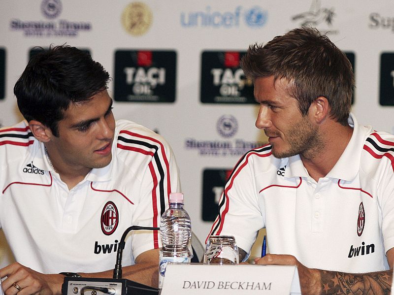 AC Milan's Beckham and Kaka speak during news conference before friendly match in Tirana