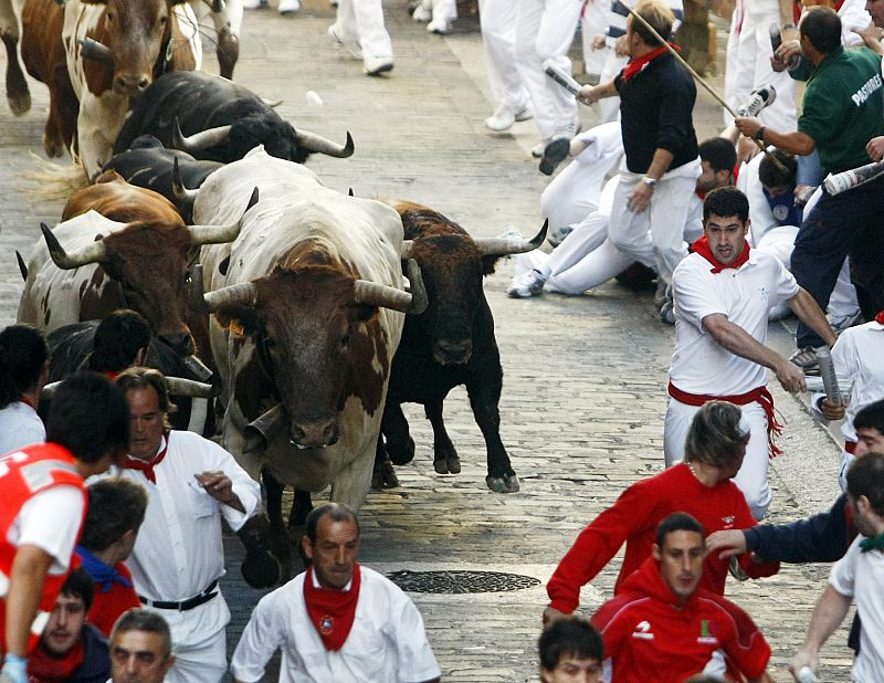 Nunez del Cuvillo ranch fighting bulls and steers chase runners during the last bullrun of the San Fermin festival in Pamplona
