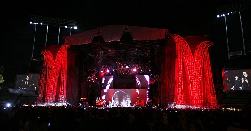 Madonna performs during the Los Angeles date of her Sticky and Sweet tour at Dodgers stadium in Los Angeles