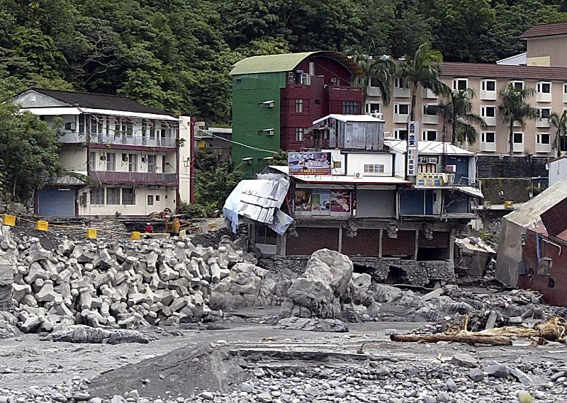 Handout from Taiwan Military News Agency shows damaged buildings due to floods brought by Typhoon Morakot in Taitung County