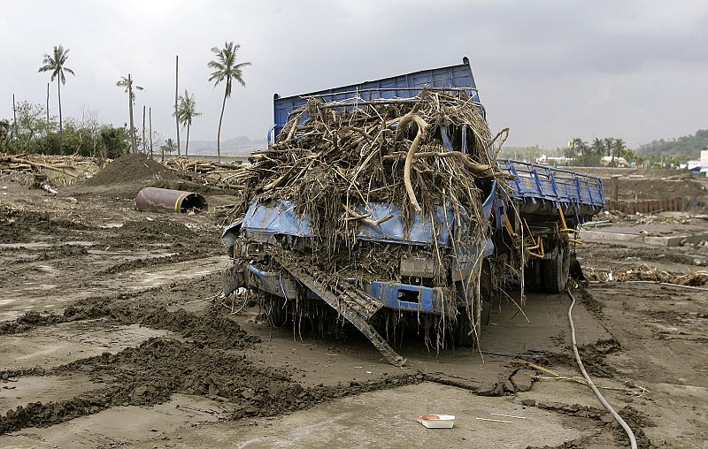A wrecked pickup truck is seen at Chishan township in Kaohsiung county