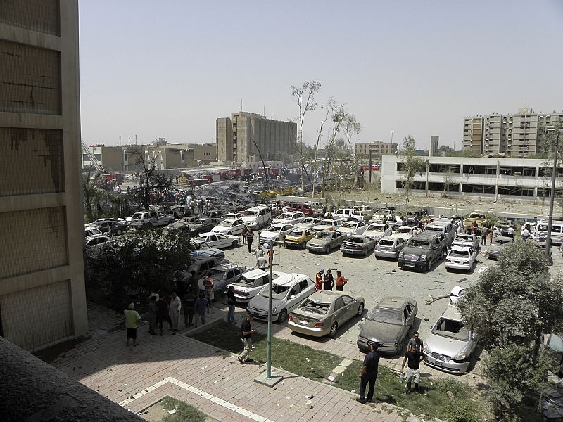 A general view of the site of a truck bomb attack outside the Iraqi Ministry of Foreign Affairs in Baghdad