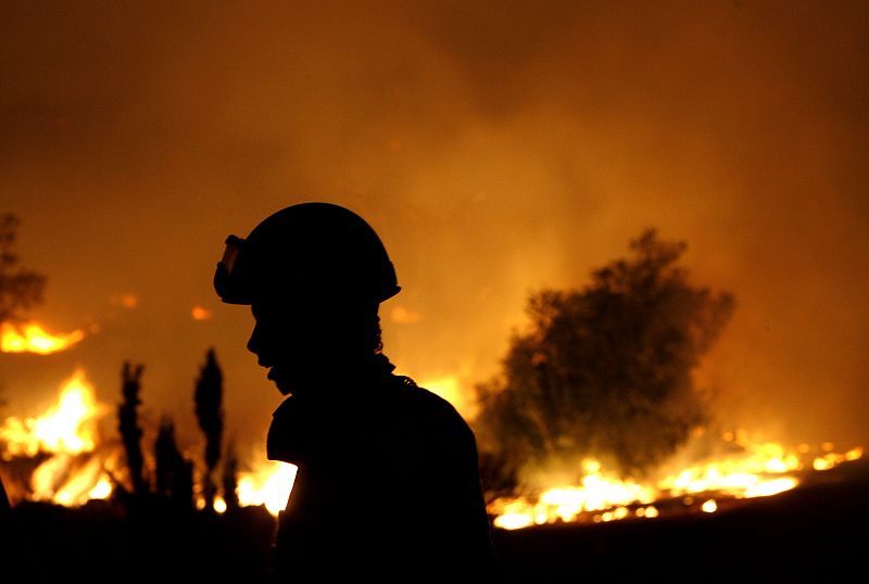 A firefighter is silhouetted in front of a forest fire in Grammatiko village northeast of Athens