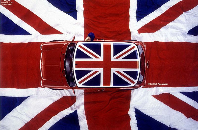 A model peers from a Union Jack patterned mini in a recent advertising campaign, April 17, by the Am..