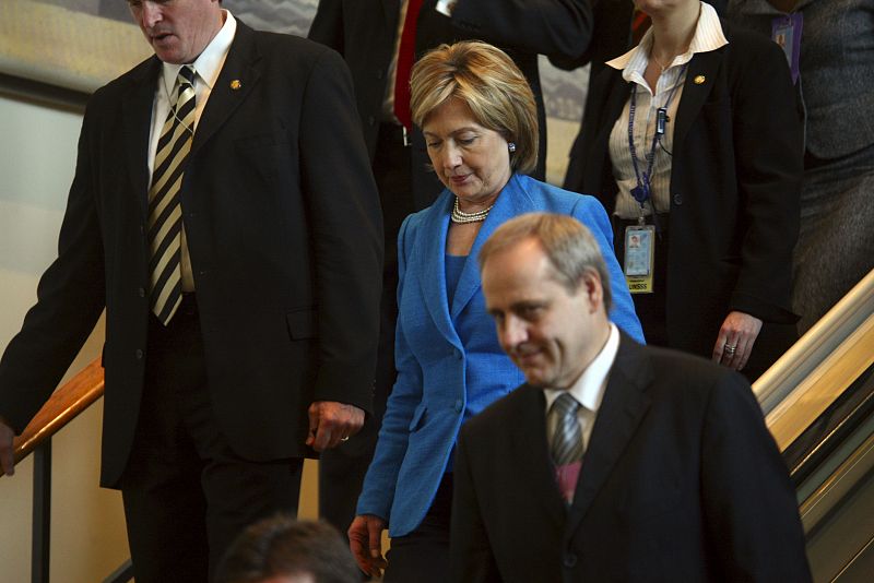 U.S. Secretary of State Hillary Clinton leaves the 64th United Nations General Assembly in New York