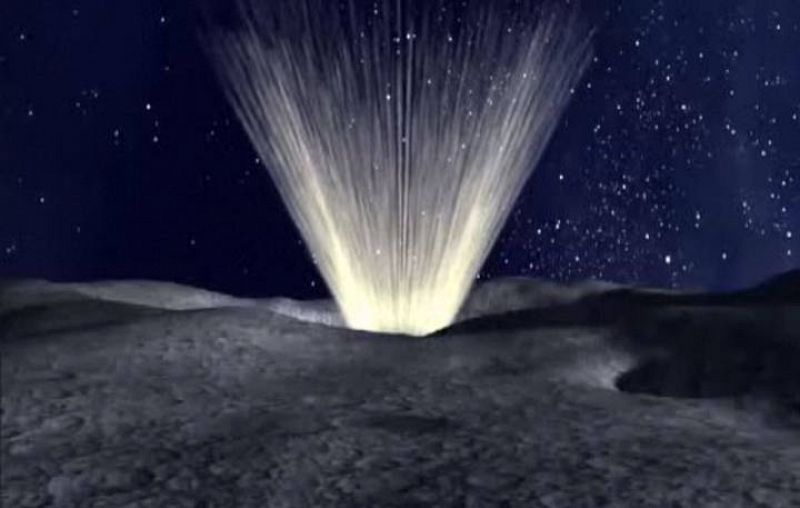 Recreación artística del impacto del cohete Centauro sobre el cráter de la luna. El penacho de luz sería la nube de polvo y rocas que ha levantado de la superficie del satélite