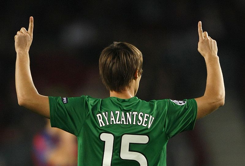 Rubin Kazan's Ryazantsev celebrates his goal against FC Barcelona during their Champions League soccer match at the Camp Nou stadium in Barcelona