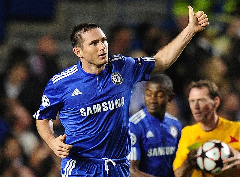 Chelsea's Frank Lampard celebrates after scoring a goal against Atletico Madrid during their Champions League soccer match at Stamford Bridge in London