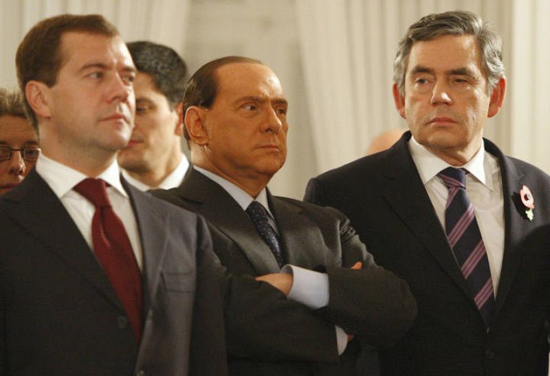 Russian President Medvedev Italian Prime Minister Berlusconi and British Prime Minister Brown attend a reception at Bellevue Castle in Berlin