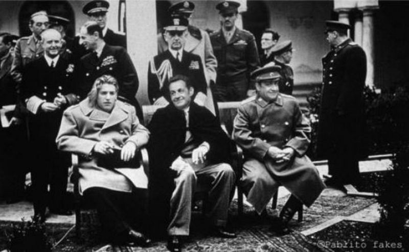 Tras la guerra, Sarkozy participó en los acuerdos de Yalta, donde ya se llevó para que fuera aprendiendo a su hijo Jean, al que el traje aún parece que le queda grande.