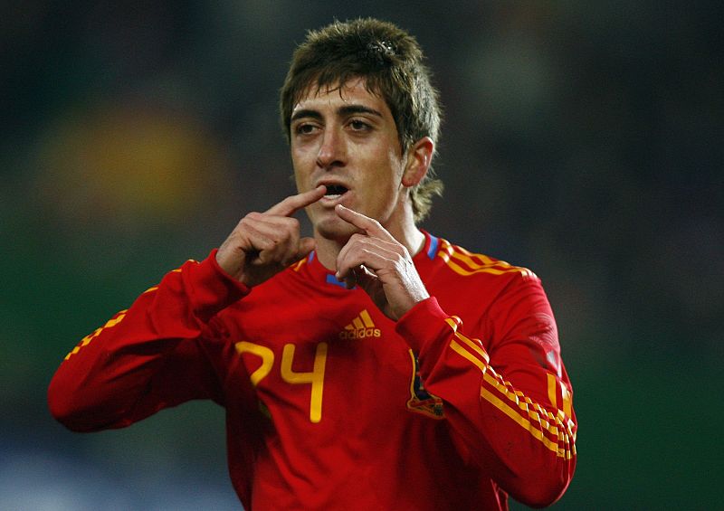 Spain's Hernandez celebrates after scoring Spain's fifth goal during their international friendly soccer match in Vienna