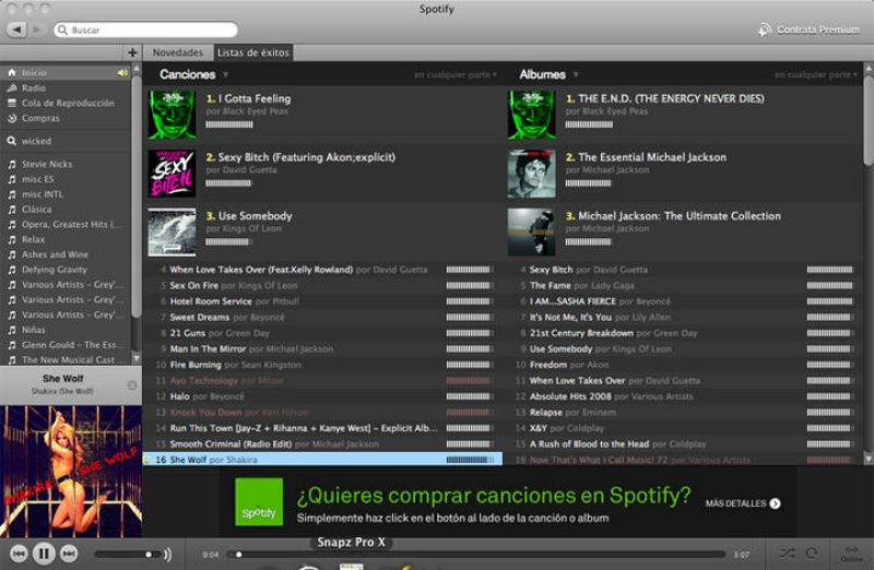  Spotify es el servicio musical a través de Internet permite escuchar todas las canciones de un vasto catálogo internacional con sólo bajarse una pequeña aplicación: ni siquiera hay que bajarse las canciones, sólo tener conexión a Internet. Aunque se
