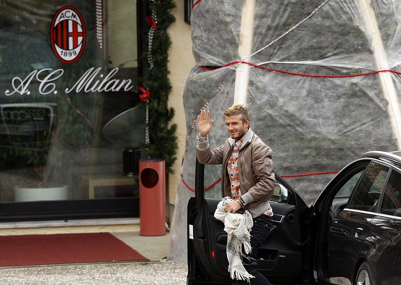 AC Milan's soccer player David Beckham arrives at the Milanello training center in Carnago