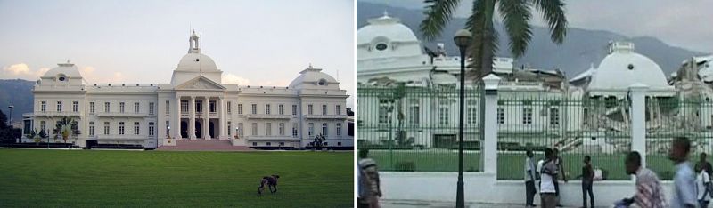 Palacio presidencial de Puerto Príncipe (Haití), antes y después del terremoto.