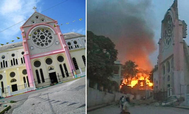 El rosetón de la catedral ha sido prácticamente lo único que ha quedado en pie del edificio.