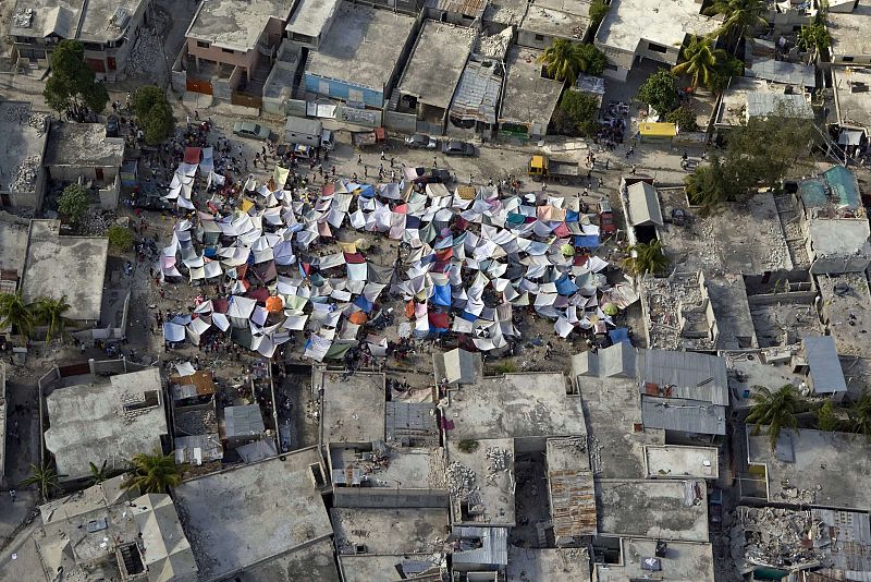 U.N. handout shows a group of tents standing amidst the rubble after an earthquake in Port-au-Prince