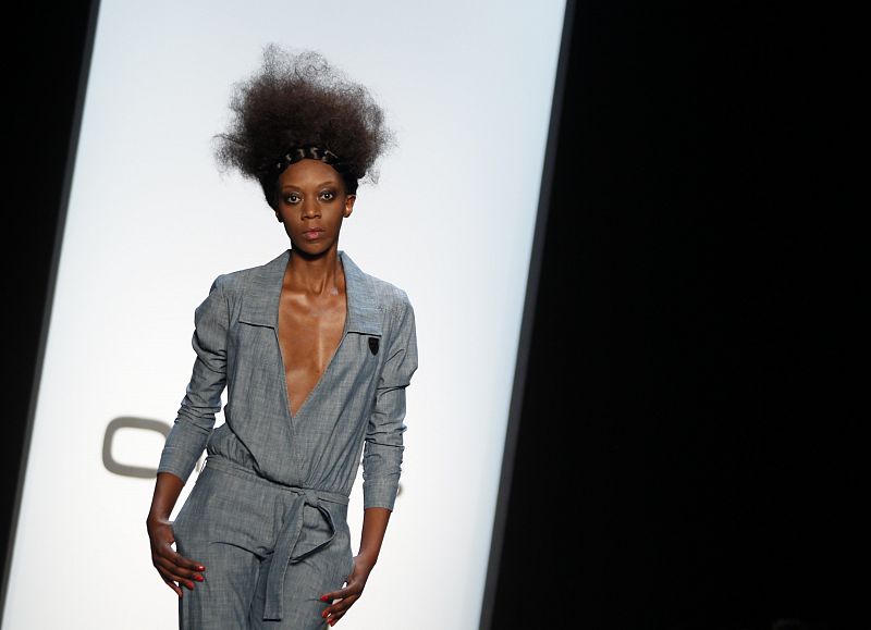 A model presents a creation by German label No Ifs at Fashion Week in Berlin