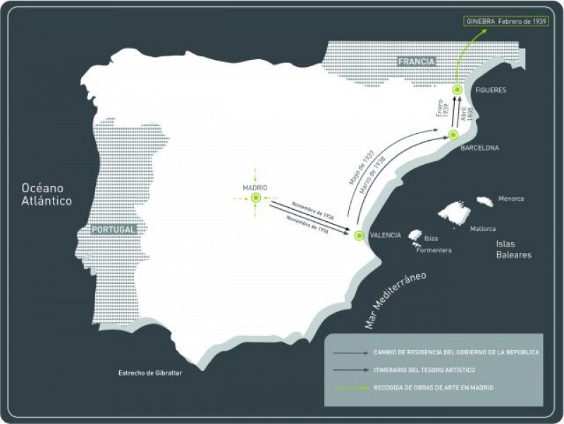 Mapa de España, con el itinerario y fechas de los sucesivos traslados del tesoro artístico evacuado, con indicación de los cambios de la sede del Gobierno de la República.