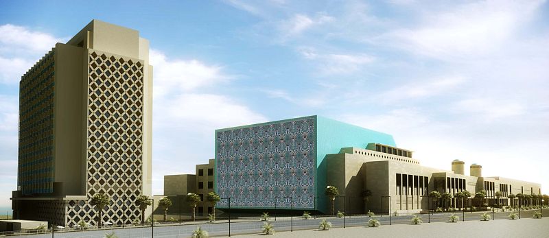 Recreación informática que nos muestra la imagen del centro de convenciones de Orán cuando esté completamente instalado el mural gigante.