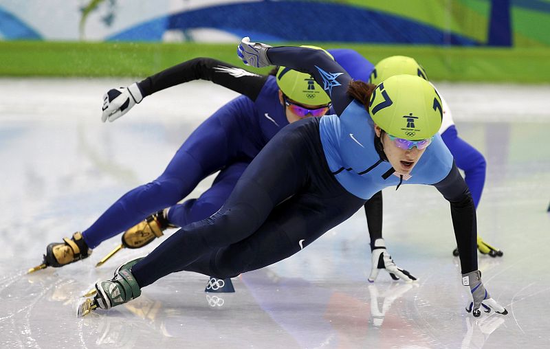 Reutter of the U.S. leads during her women's 500 meters short track speed skating heats at the Vancouver 2010 Winter Olympics