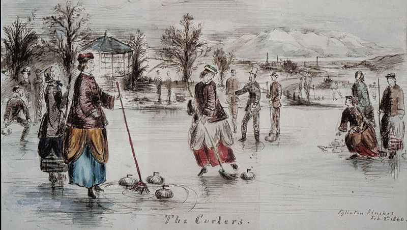 Acuarela del juego del curling de Eglinton Castle Ayrshire (Escocia) de 1860.