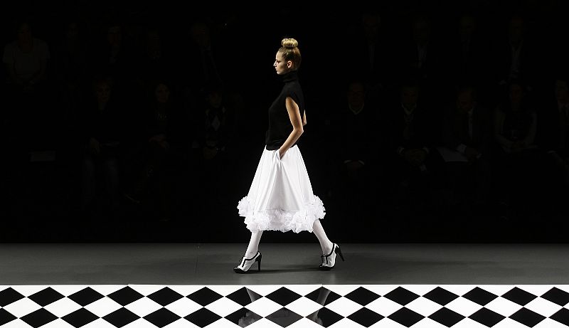 A model displays a creation by designer Barros during the Cibeles Madrid Fashion Week Fall/Winter 2010 show in Madrid