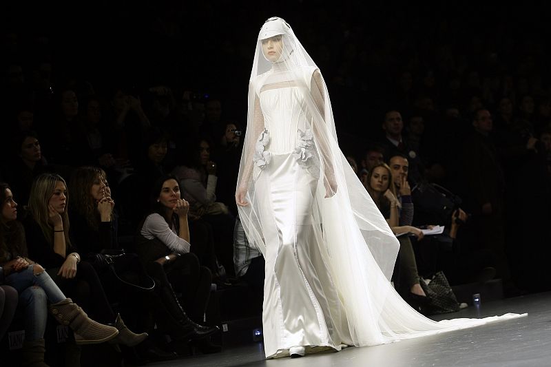 A model displays a creation by designer Nicolas Vaudelet during the Cibeles Madrid Fashion Week Fall/Winter 2010 show in Madrid