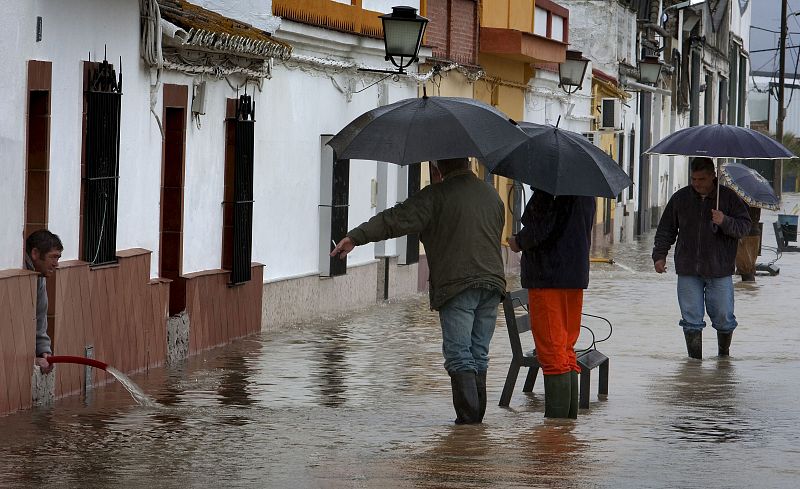 La crecida del río Guadalquivir ha anegado barrios enteros de la localidad sevillana de Tocina lo que ha obligado a los vecinos a levantar muros de ladrillo para contener el agua.