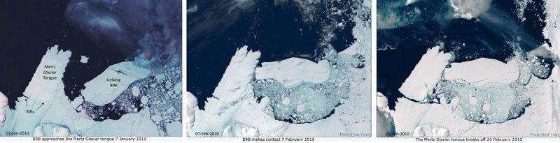 Combo fotográfico que muestra la colisión entre el iceberg B9B (dcha) y la lengua del glaciar Mertz (izq) los días (de izq a der) 7 de enero de 2010, 7 de febrero de 2010 y 20 de febrero de 2010.