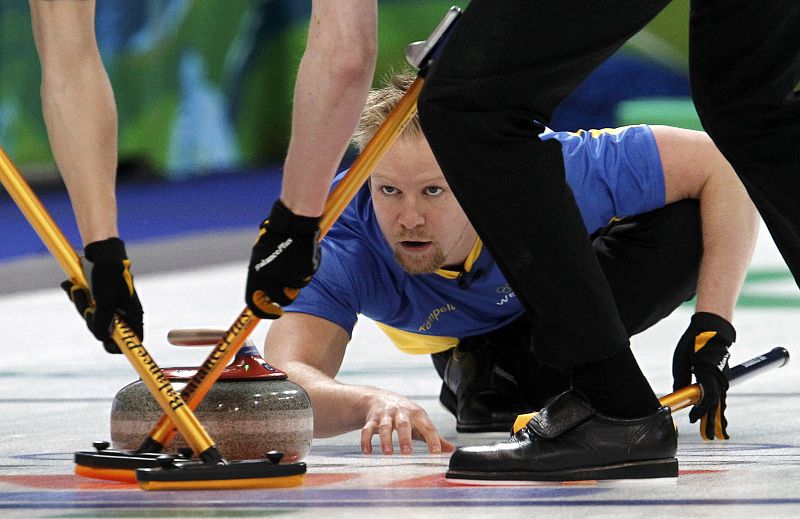 Sweden's skip Edin watches his shot during their men's semifinal curling game against Canada at the Vancouver 2010 Winter Olympics